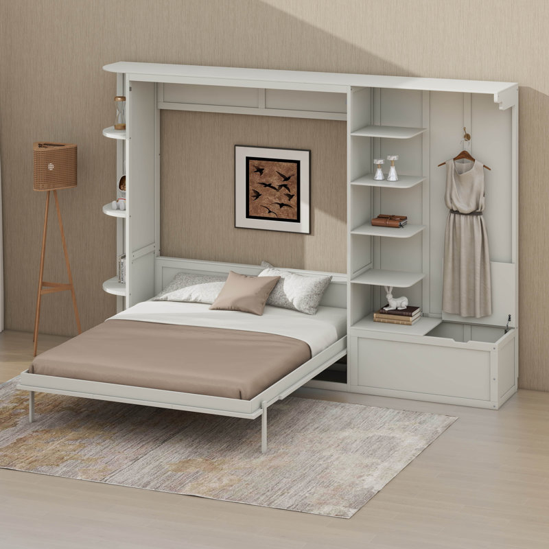 Lit escamotable avec rangement et lumières DEL, cadre mural escamotable peu encombrant avec tablettes et armoire, White