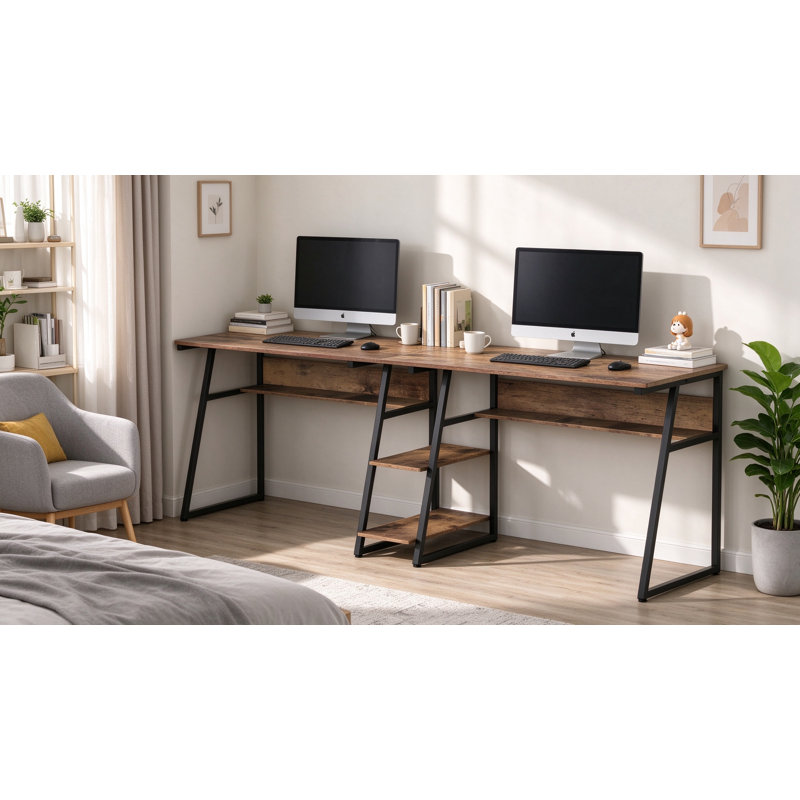 Two Person Industrial Computer Desk with Multi-Tier Storage Shelves
