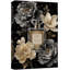 Bouteille de parfum noir doré avec des fleurs élégantes, images de chambre à coucher, impression sur toile encadrée-132064154-132064159