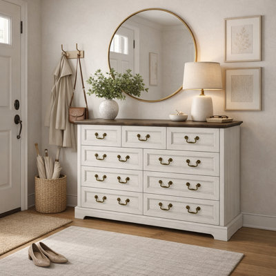 55.1" Farmhouse 9-Drawer Double Dresser and Media Console, Grey
