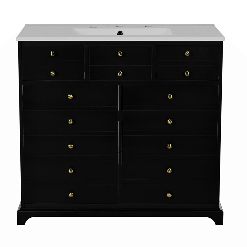 Ensemble de meuble-lavabo 36 po avec lavabo en résine, armoire de rangement en bois massif, ensemble de meuble-lavabo autoportant avec 2 tiroirs et portes à fermeture douce, noir