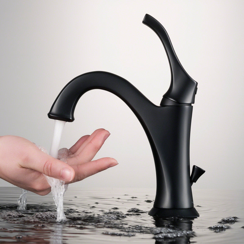 Robinet de lavabo de salle de bain monotrou à une poignée avec bonde et applique pour le comptoir Kraus Arlo, Noir mat