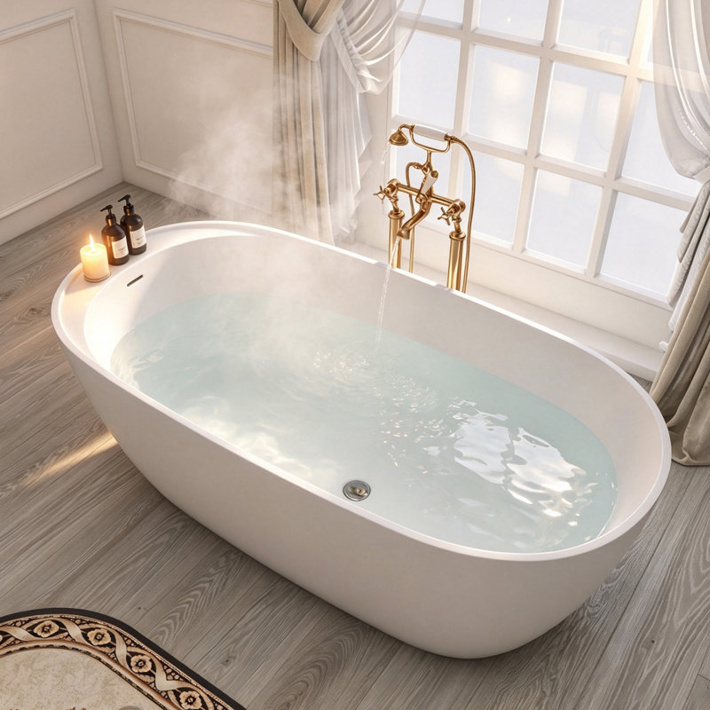 63" Freestanding Bathtub Solid Surface Stone Resin Soaking Tub, Matte White