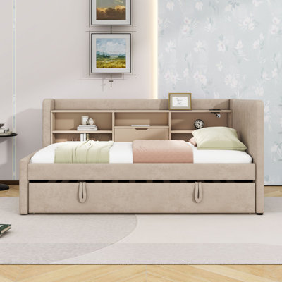 Twin Upholstered Daybed with USB Ports, Twin Trundle and Shelves