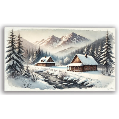 Mountain Solitude: Log Cabins in Snowy Alpine Landscape Wide Canvas Print