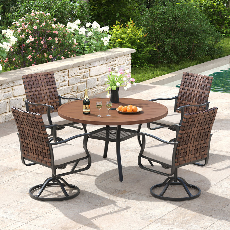 4-Person 40.6" Round Outdoor Dining Set With Swivel Pe Rattan Chairs & Cushion, Brush Wood Brown