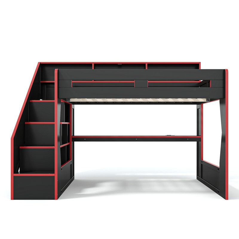Lit mezzanine de jeu en bois massif Queen avec escalier de rangement, étagères ouvertes dans la tête de lit, éclairage DEL et bureau de chargement USB