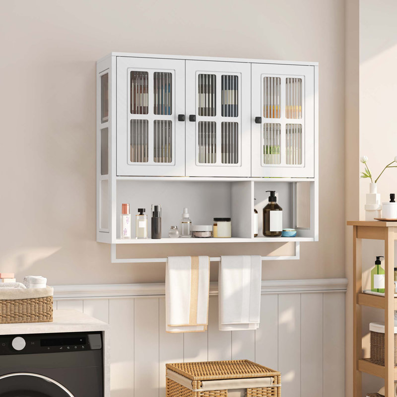 3-Door Wooden Bathroom Kitchen Wall Cabinet With Open And Hidden Storage Space For Entryway Living Room Bathroom Dining Room