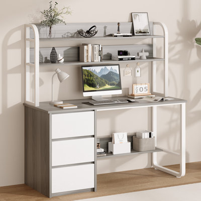 Computer Desk with Hutch and Shelves, 60 Inch Office Desk with 3 Drawers for Small Places, Study Writing Desk with Storage for Bedrrom, Adjustable Fee by Latitude Run