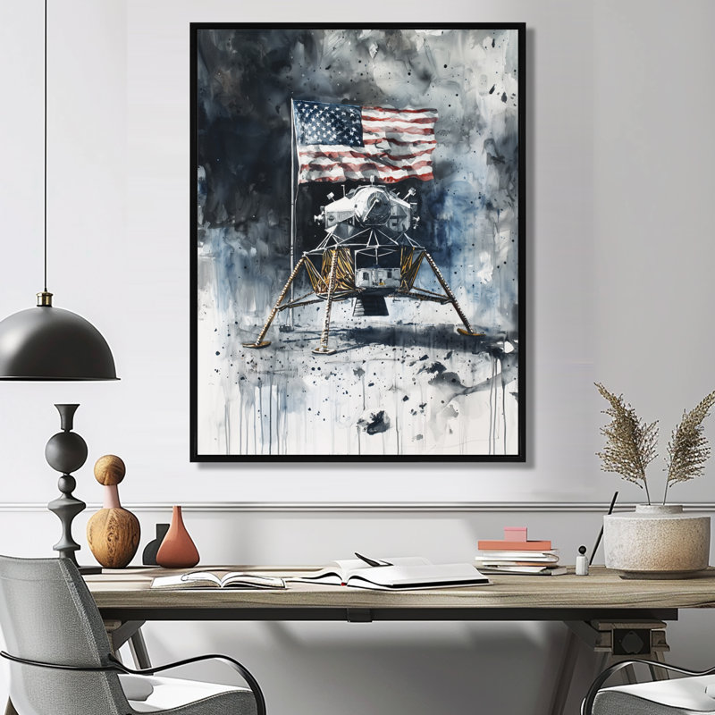 Abstrait Apollo 13 Mission Moon Conquest IV - Moon, art mural encadré, Noir, Reproduction avec cadre flottant