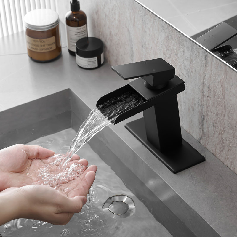 Sink Faucet With Deck Plate Waterfall Black Bathroom Faucets For Sink 1 Hole Or 3 Holes One Handle Faucets, Black