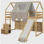 Wooden cabin frame with a tented loft bed