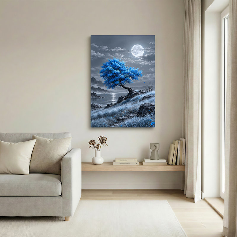 «Blue Tree On Rocky Shoreline Under Full Moon», art mural sur toile, H 30 po x l 20 po