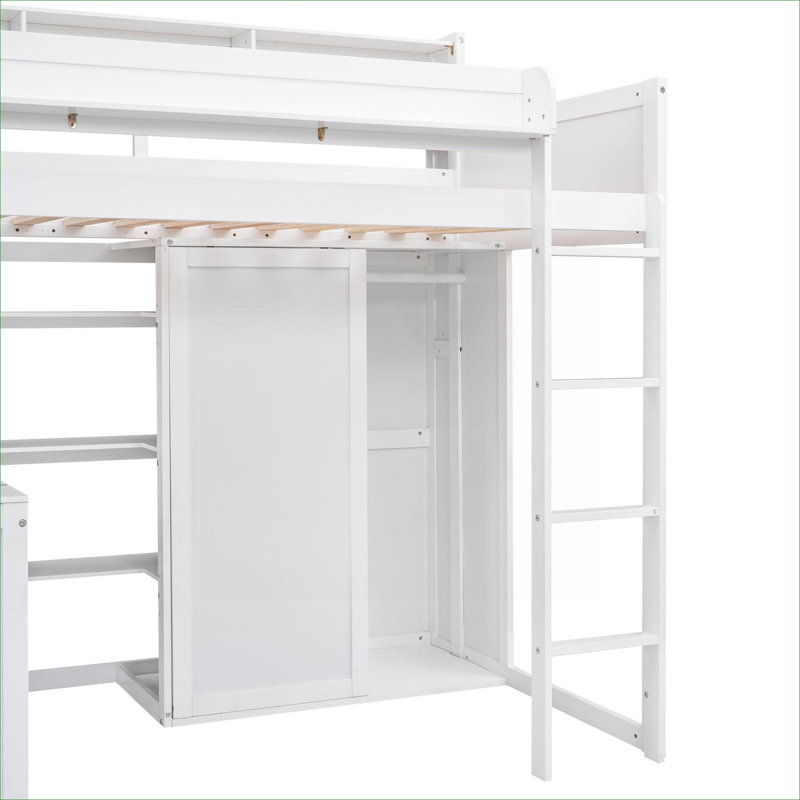 Lit plateforme mezzanine, structure simple en bois massif avec rangement intégré blanc doux avec bureau intégré et garde-robe
