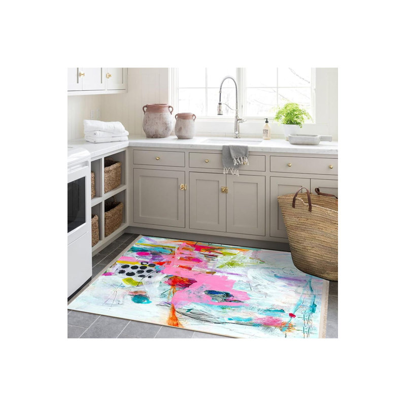 Oil Paint Look Multicolor Abstract Pattern Woven Base Decorative Machine Washable Rug, Runner 4'11" x 9'10" Rug Pad Included