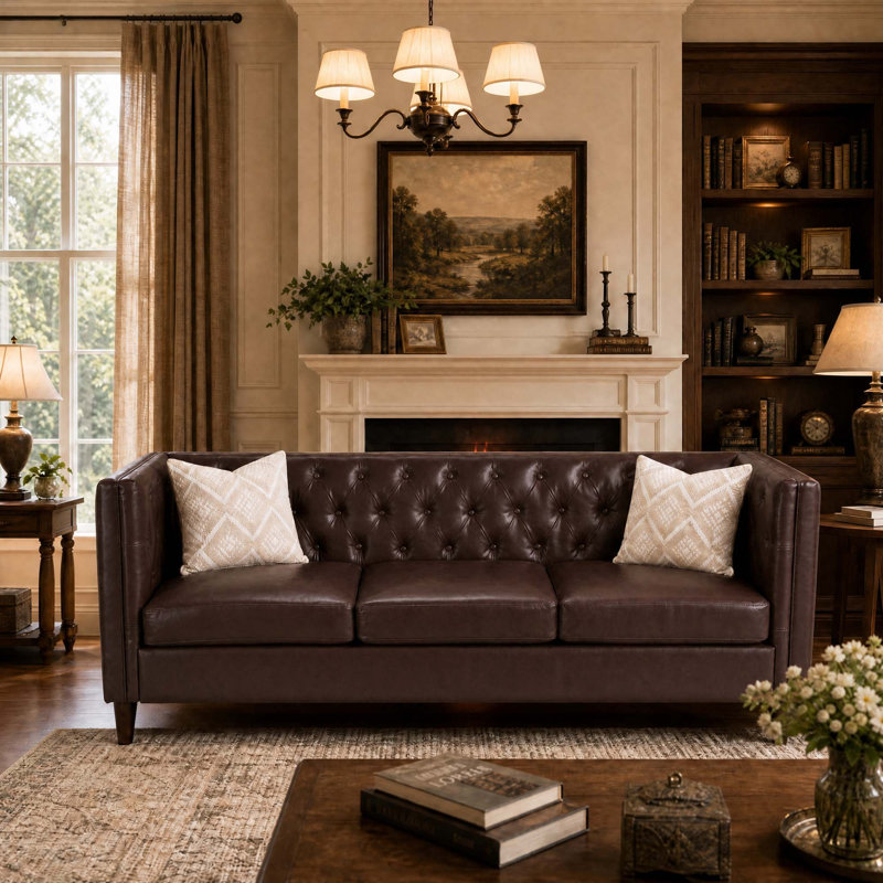 Canapé de 81 pouces moderne en cuir, canapé Chesterfield capitonné à boutons 3 places avec assise profonde, canapé en cuir de polyuréthane pour appartement et bureau
