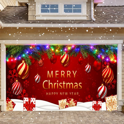Bannière de couverture de porte de garage de Noël, grande bannière de porte de toile de fond suspendue rouge, décorations murales de garage de Noël pour la fête des Fêtes, 7 x 16 pi