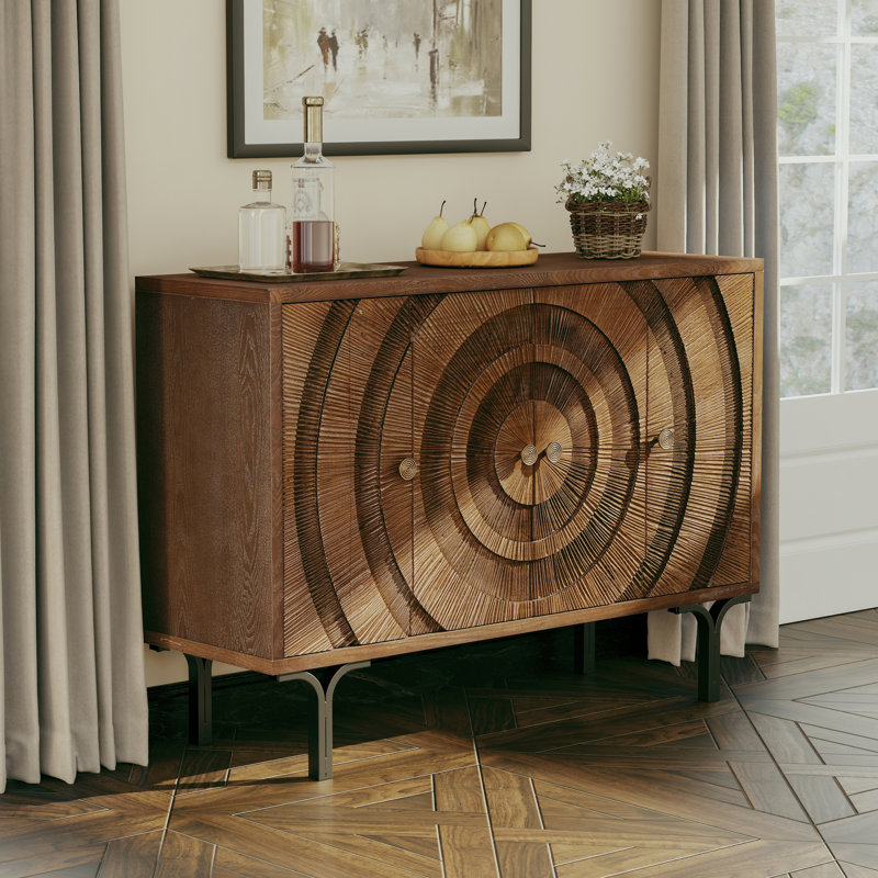 Farland Rustic 4-Door Storage Cabinet, Accent Sideboard Buffet Cabinet With Circle Pattern And Radioactive Lines, Brown