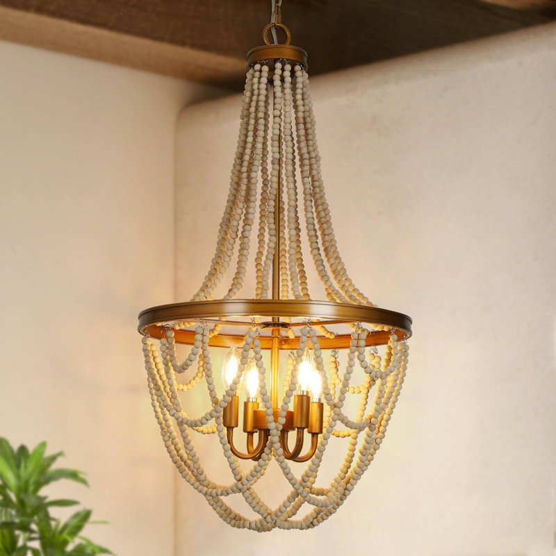 Lustre empire unique / remarquable à 4 lumières avec accents perlés, Blanc cassé vieilli