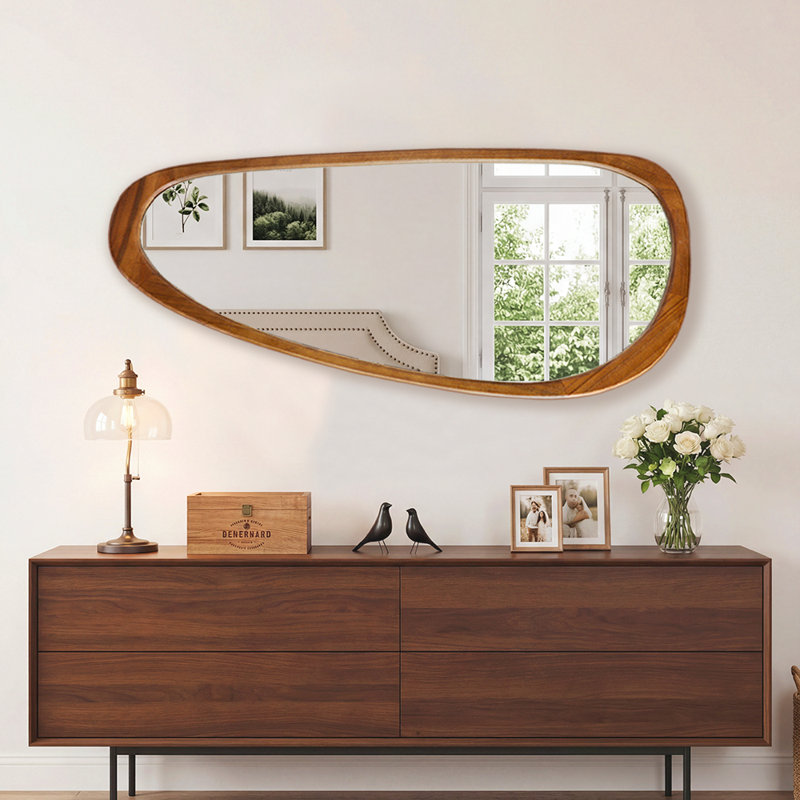 Asymmetrical Wood Framed Accent Wall Mirror, Brown, 48" x 22"
