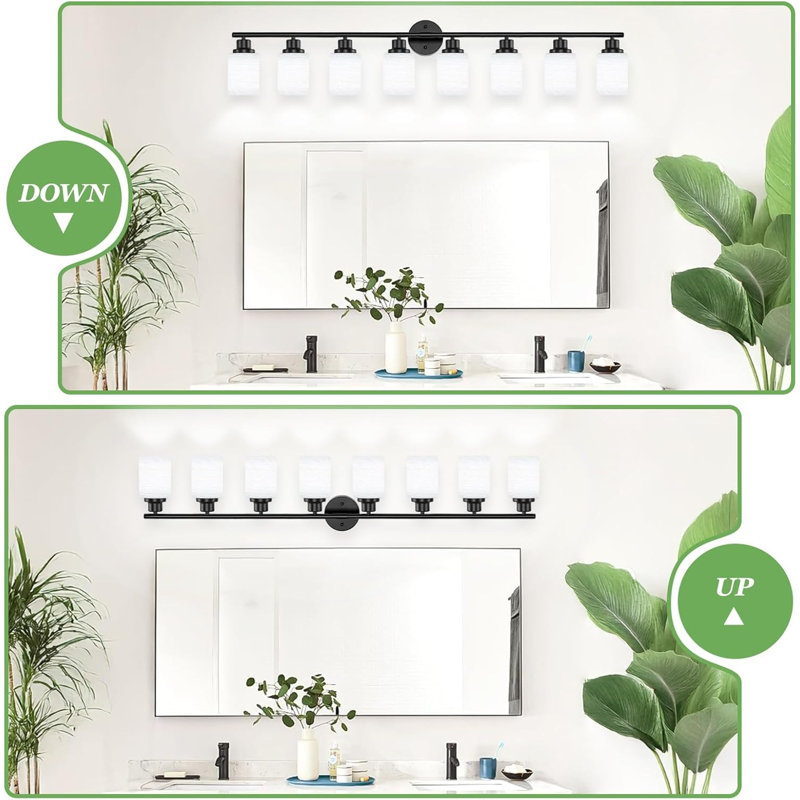 Luminaire de miroir de salle de bain 8 lumières, verre givré blanc mat noir, Noir mat, 8