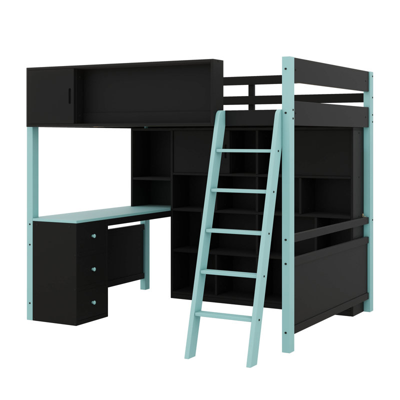 Full-Size Wooden Loft Bed With Integrated Desk And Drawers, Gaming Bed Offering Spacious Storage And Lighting, Blue