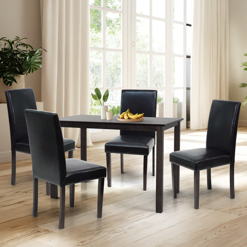 5 Piece Dining Table Set, 4 Classic Style Solid Wood Upholstered Chairs w Rectangular Dining Table, Black, Espresso