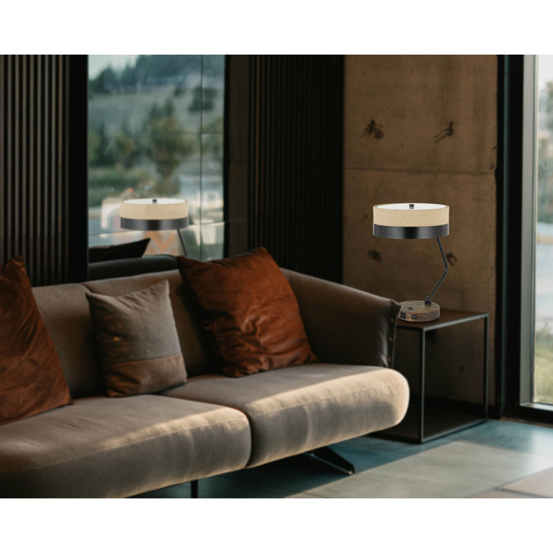 Lampe de bureau à abat-jour en métal avec base en bois, beige et noir