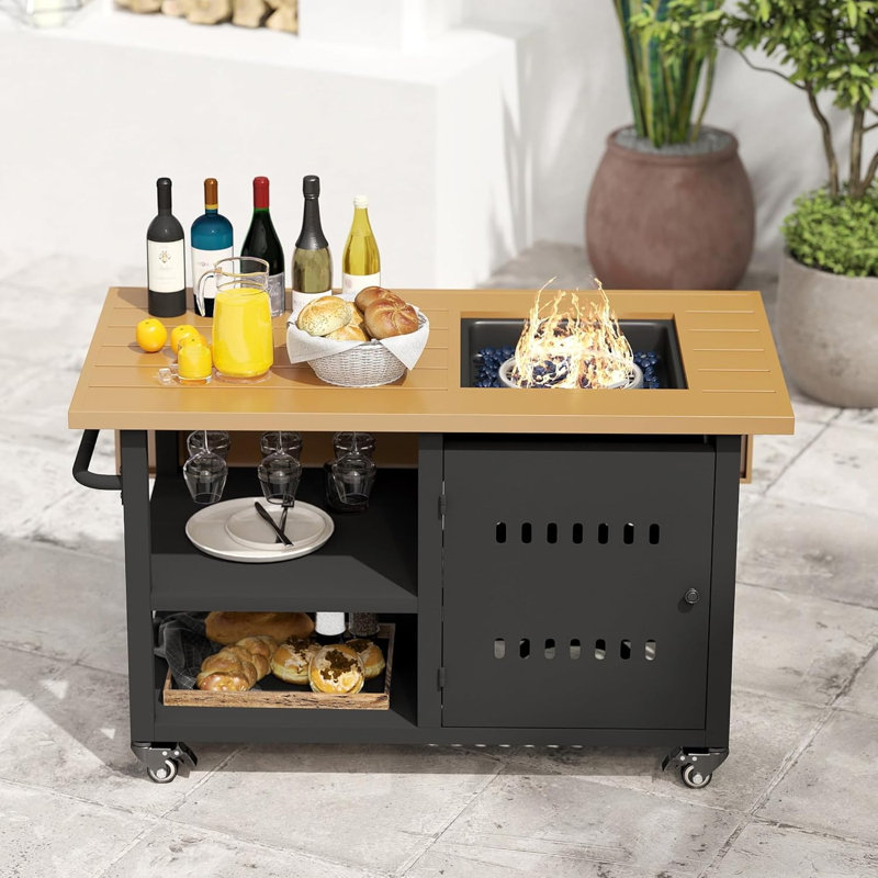 44" Rectangular Propane Fire Pit Table, 50,000 BTU Outdoor Firepit with Cover and Wind Guard, Black