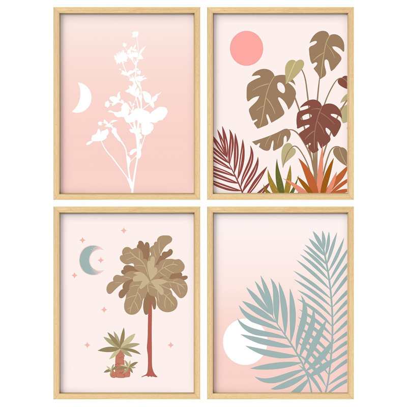 "Soleil et lune avec plantes tropicales, illustrations abstraites de la nature, décor moderne", 4 pièces, H 10 po x l 8 po