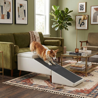 3-In-1 Convertible Pet Ramp Ottoman With Storage, Foldable Pet Stairs Bench For Bed & Sofa, Tufted Pvc Upholstered Pet Footstool Ramp For Small & Senior Dogs & Cats