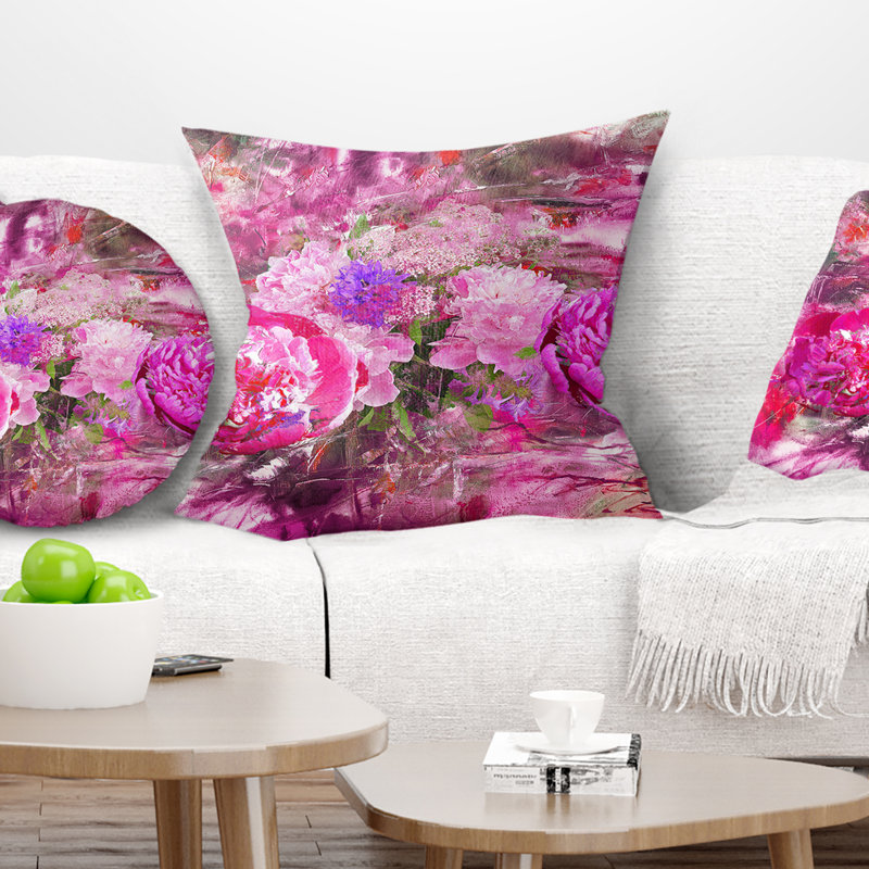 Pivoines roses, fond abstrait - coussin à imprimé floral, 18 po x 18 po, Coussin décoratif