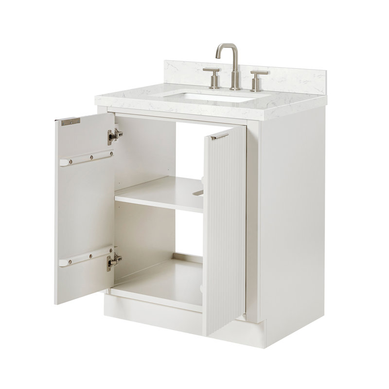 Meuble-lavabo simple 30 po en bois massif avec comptoir en quartz blanc chaud Carrara de 1,5 po, Blanc chaud, Rectangulaire