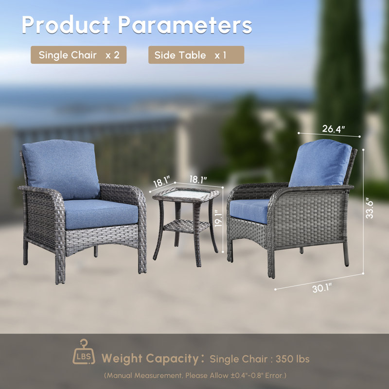 2 - Person Outdoor Seating Group With Cushions And End Table, Denim Blue