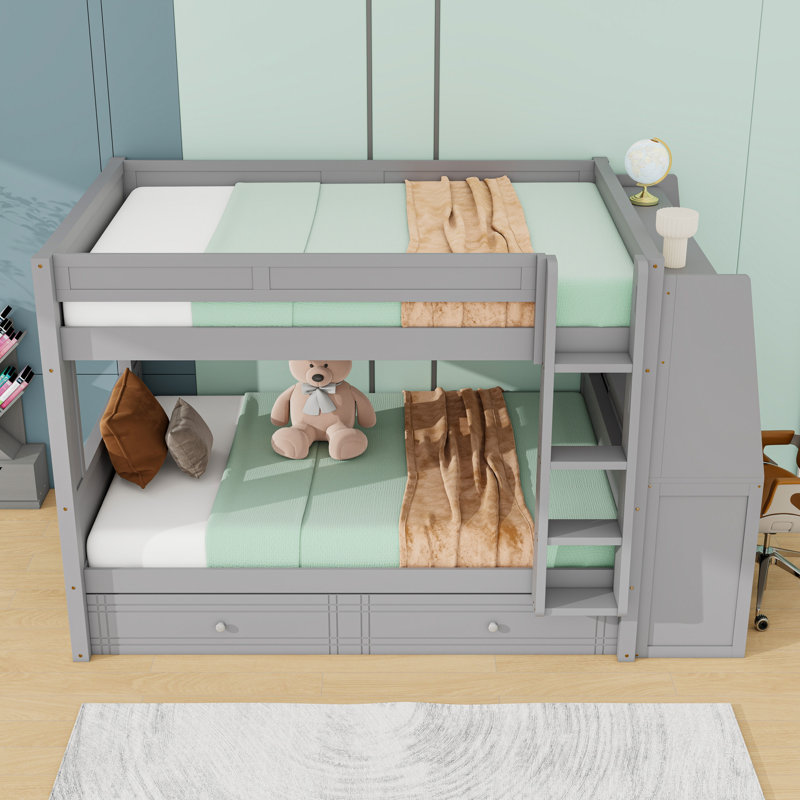 Lit superposé double en bois avec lit gigogne simple, bureau intégré, armoire et tablettes, gris