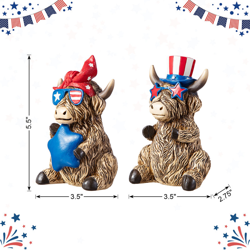 Set Of 2 Patriotic/ Americana Highland Cow Table Decor