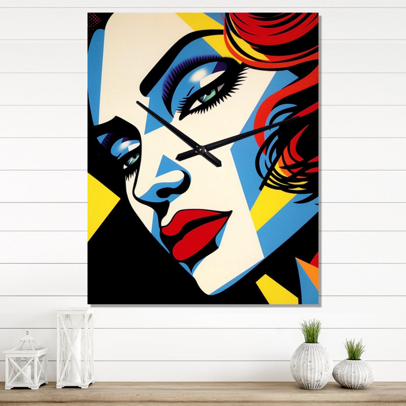 Rétro femme portrait Pop Art I - horloge murale femme Pop Art, H 32 po x l 24 po x P 1 po
