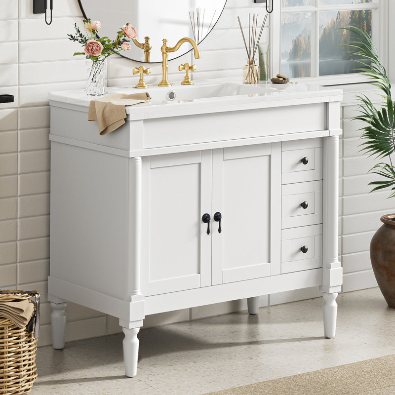 Meuble-lavabo 36 po avec lavabo en céramique, tiroirs standard, portes à fermeture douce, tablettes réglables, armoire de rangement moderne pour petites et moyennes salles de bain