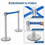 Barrières de contrôle des foules (lot de 4) – 4 poteaux avec 4 sangles rétractables, poteaux en acier robuste, système de sangles à 4 points, base lestable pour la gestion des files d'attente, argent et bleu