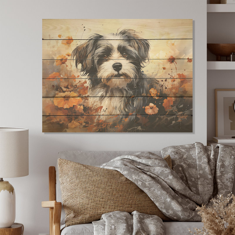 Floral Shih Tzu Serenity - Dog Wood Wall Art On Natural Pine Wood, 30" H x 40" W