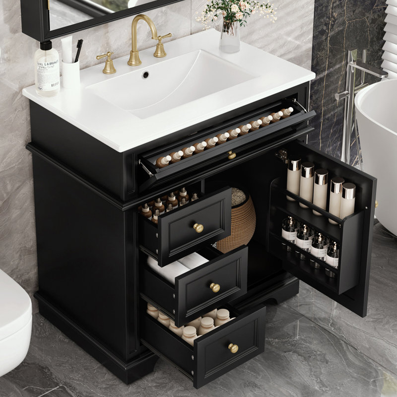 Bathroom Vanity with Sink, Three Drawers and Door Shelf, Black