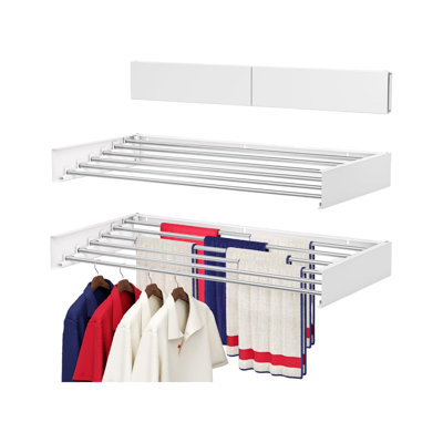 Wall Mounted Drying Rack, Foldable Laundry Drying Rack with Rods, Retractable Laundry Space Saver, (White)