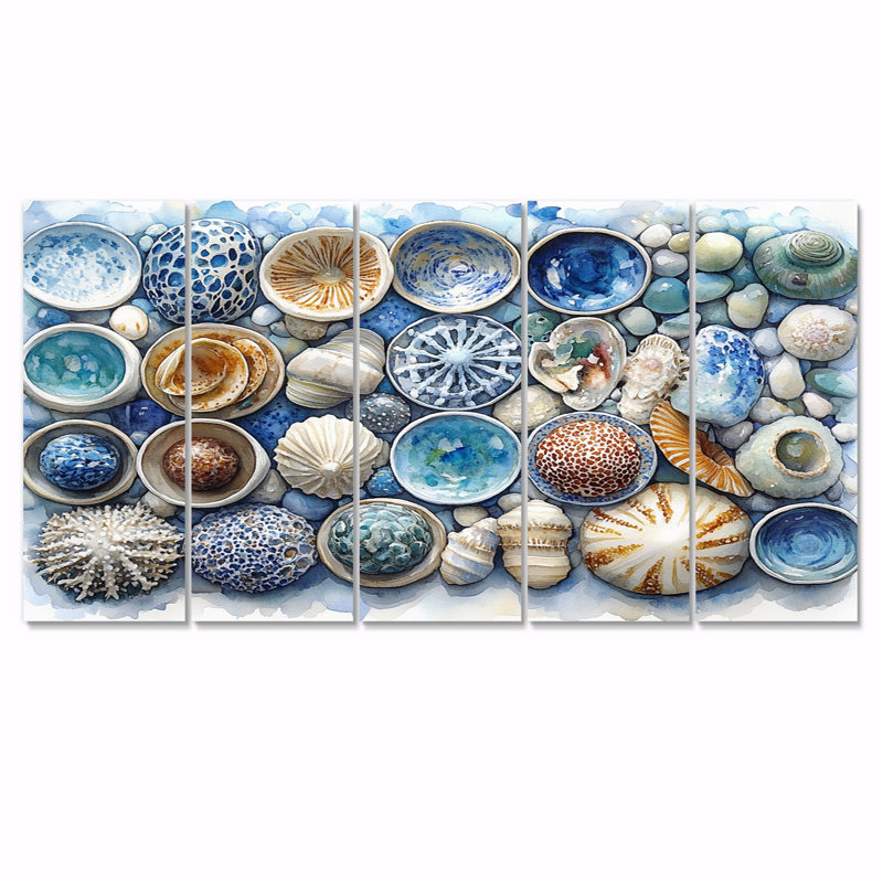 Plage, poterie en tons de bleu et blanc, art mural sur toile, H 28 po x l 60 po