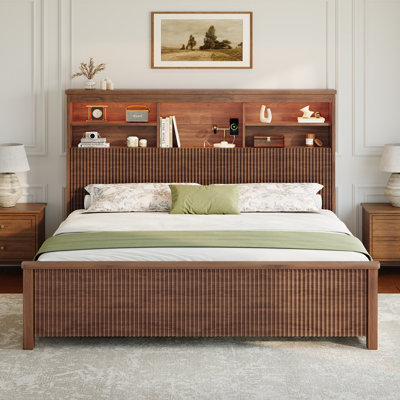 Modern Fluted Platform Bed with LED Headboard Storage & 4 Under-Bed Drawers