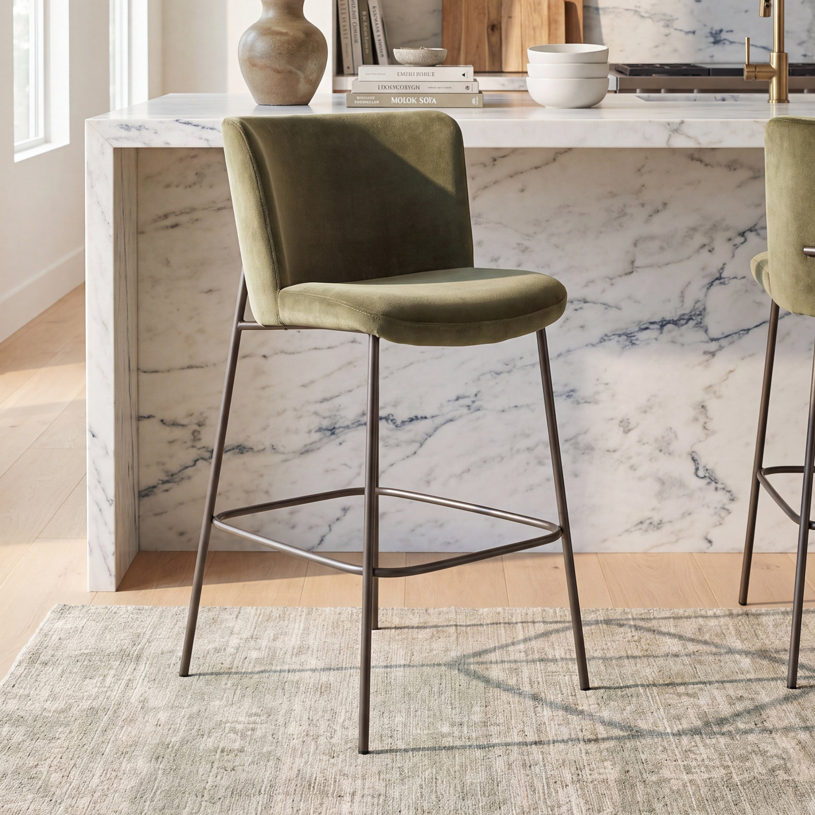 Adora " Bar Stool, Green Velvet, Bar Stool (30.3" Seat Height)