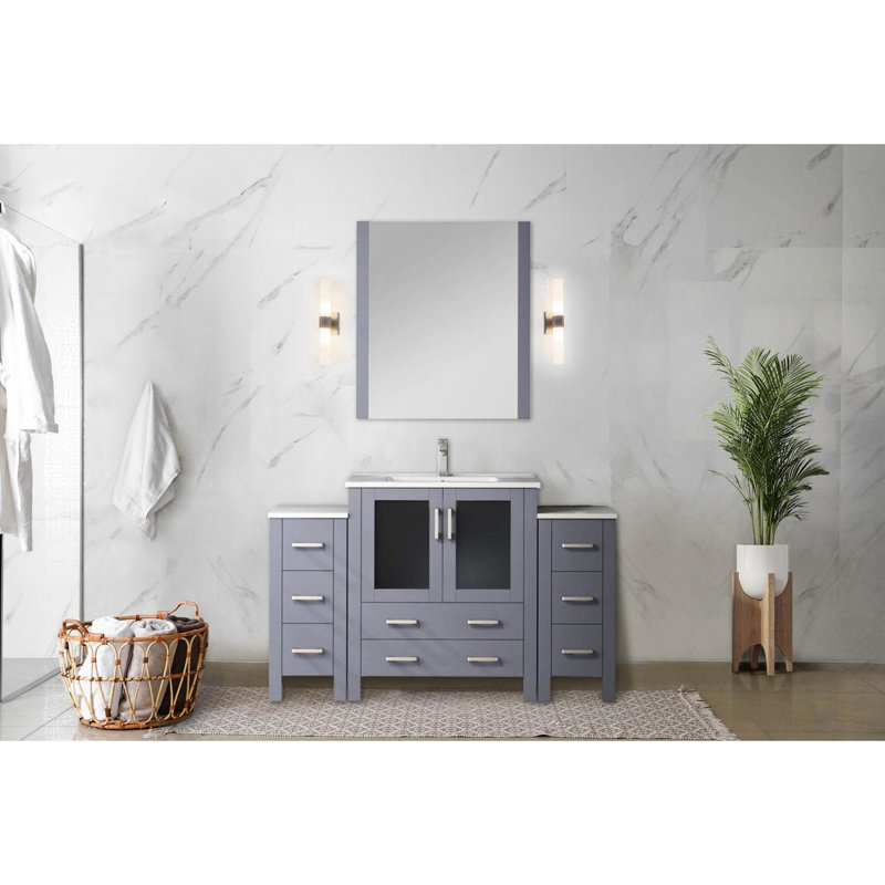 Dark Grey 54 In. Wide Single Vanity For Bath With White Ceramic Top, Faucet, Soft - Close Feature, And 8 Drawers Storage Bathroom W, Finish, Countertop, Faucet , Closing Drawers, Cabinet