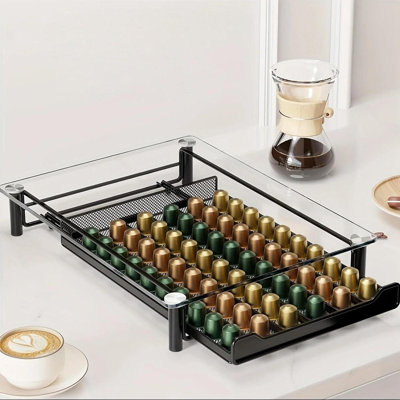 Iron Tempered Glass Coffee Pod Holder stand 60 Pod Holder Coffee Capsules Drawer