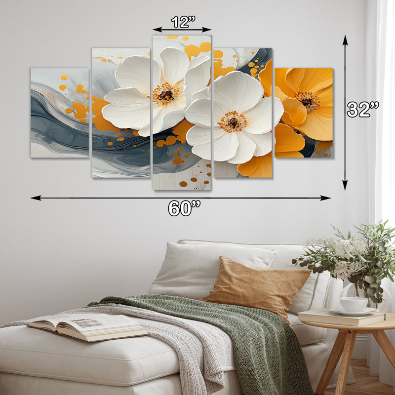 Pétales de velours fleurs sauvages jaune I - Art mural fleurs sauvages - décoration murale traditionnelle 5 pièces