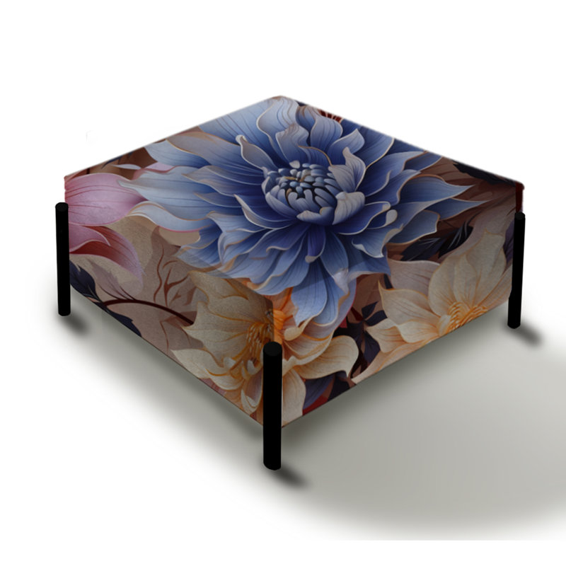 Grand repose-pieds carré floral bleu et beige métallique