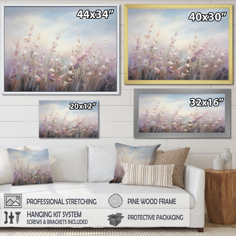 Fleurs murales mauves Whispering Breeze II - art mural fleurs sauvages pour le salon, Cadre naturel flottant